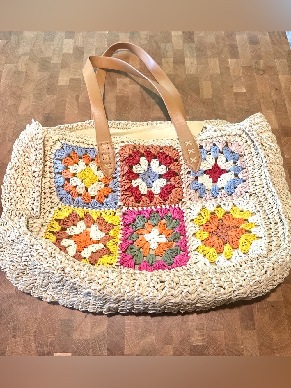 Crochet Granny Square Straw Tote Bag Boho Beach Market Bag
